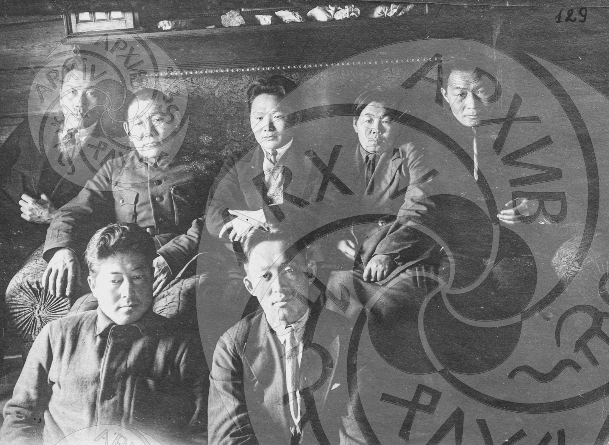 Photo 14. Kyzyl-ool, Churmit-Tazhy, Toka, Tanya, Tastai-ool (Minister of Culture), Tovarishchta (Minister of Internal Affairs), Lopsan (Chairman of Tuvintsenkoop). 1925.